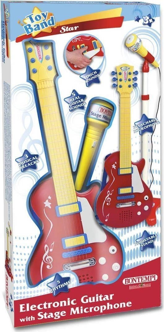 Bontempi 24 5832 - Chitarra Rock Con Microfono Da Palcoscenico Per L'Amplificazione Della Voce. 6 Corde Di Metallo Con 5 Demo Rock Al Tatto. 3 Stacch