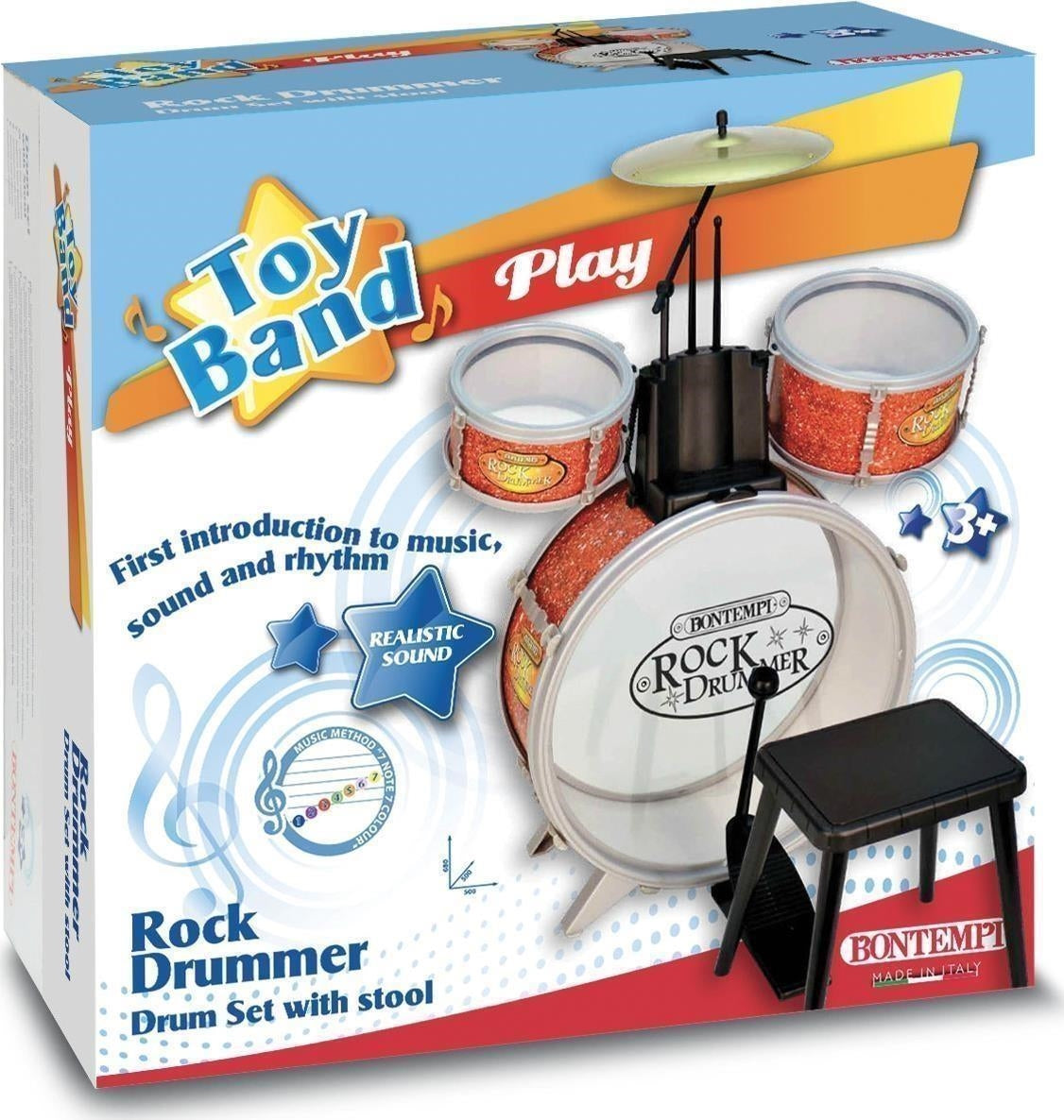 Bontempi 51 4504 - Rock Drummer - Batteria Grancassa Con Pedale, 2 Tamburi, Piatto Metallico Con Sgabello