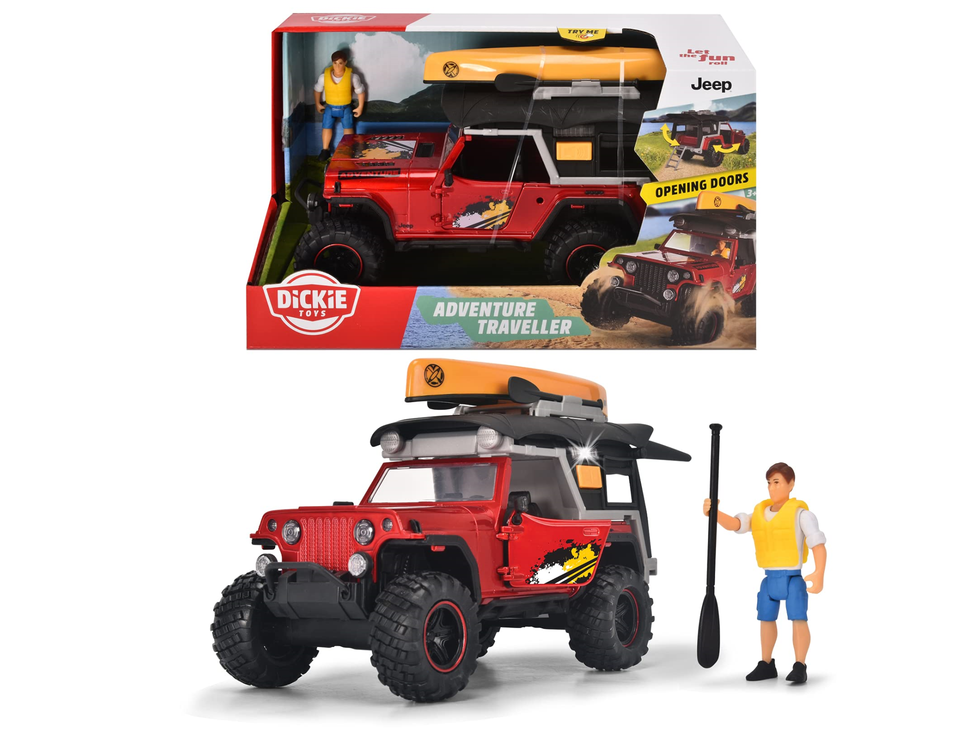 Dickie Toys: Adventure Traveller Con Jeepster Commando In Scala 1:24 Con Tetto Da Campeggio, Parti Apribili, Luci E Suoni, Canoa, Remo, Personaggio