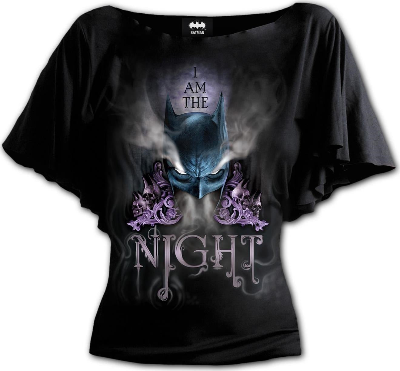 Spiral: Batman - I Am The Night - Boat Neck Bat Sleeve Top Black (Plain) Donna S
