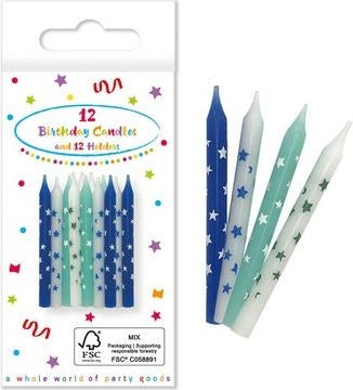 Birthday Candles With Holders 'Blue' In Fsc P Q. Set 12 Candele Azzurre Con Supporto In Scatola Di Carta Fsc