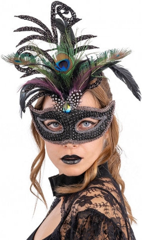 Carnival Toys: Maschera Nera In Plastica Con Strass, Decorazioni Glitter E Piume Di Pavone In Scatola Pvc