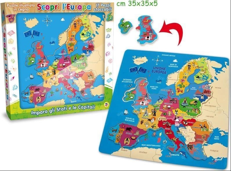Teorema: Fatto Di Legno - Puzzle Scopri L'Europa 17 Pz 30X30X1 Cm