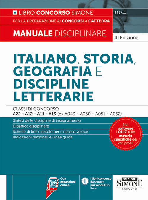 Cover of Italiano, storia, geografia e discipline letterarie. Classi di concorso A22-A12-A11-A13 (ex A043-A050-A051-A052). Manuale disciplinare per la preparazione ai concorsi a cattedra