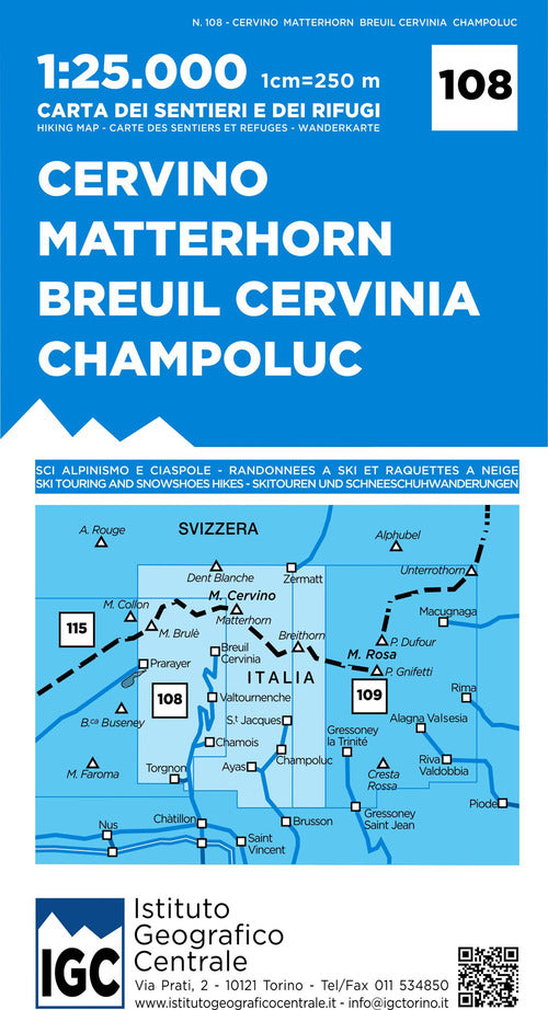 Cover of Carta n. 108 Cervino Matterhorn, Breuil Cervinia, Champoluc 1:25.000. Carta dei sentieri e dei rifugi