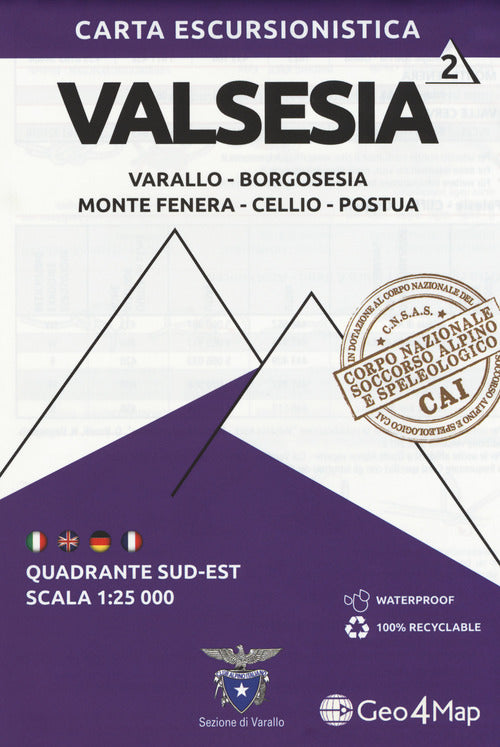 Cover of Carta escursionistica Valsesia. Scala 1:25.000. Ediz. italiana, inglese, tedesca e francese