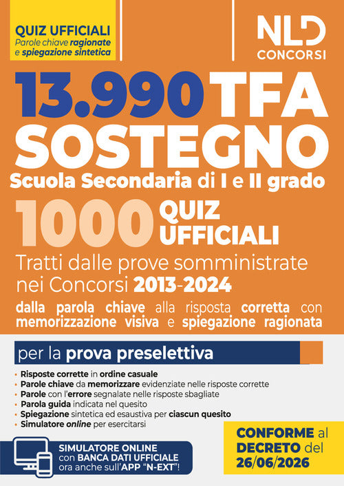 TFA sostegno 2026. 1000 quiz ufficiali per la Scuola Secondaria di I e II grado per la prova preselettiva