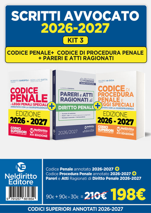 Kit 3 Codice Penale +Codice di procedura penale annotati +Pareri di penale 2026