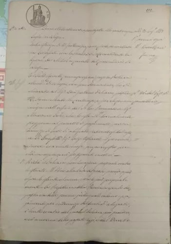 Documento manoscritto del 1887 con timbri e marca di riscontro da 50 C.