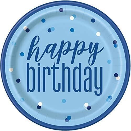 Unique Party: 8 Glitz Blu/Svr Dot Bday 9Inpl Sup