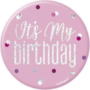 Pink Glitz 3In Badge-Birthday