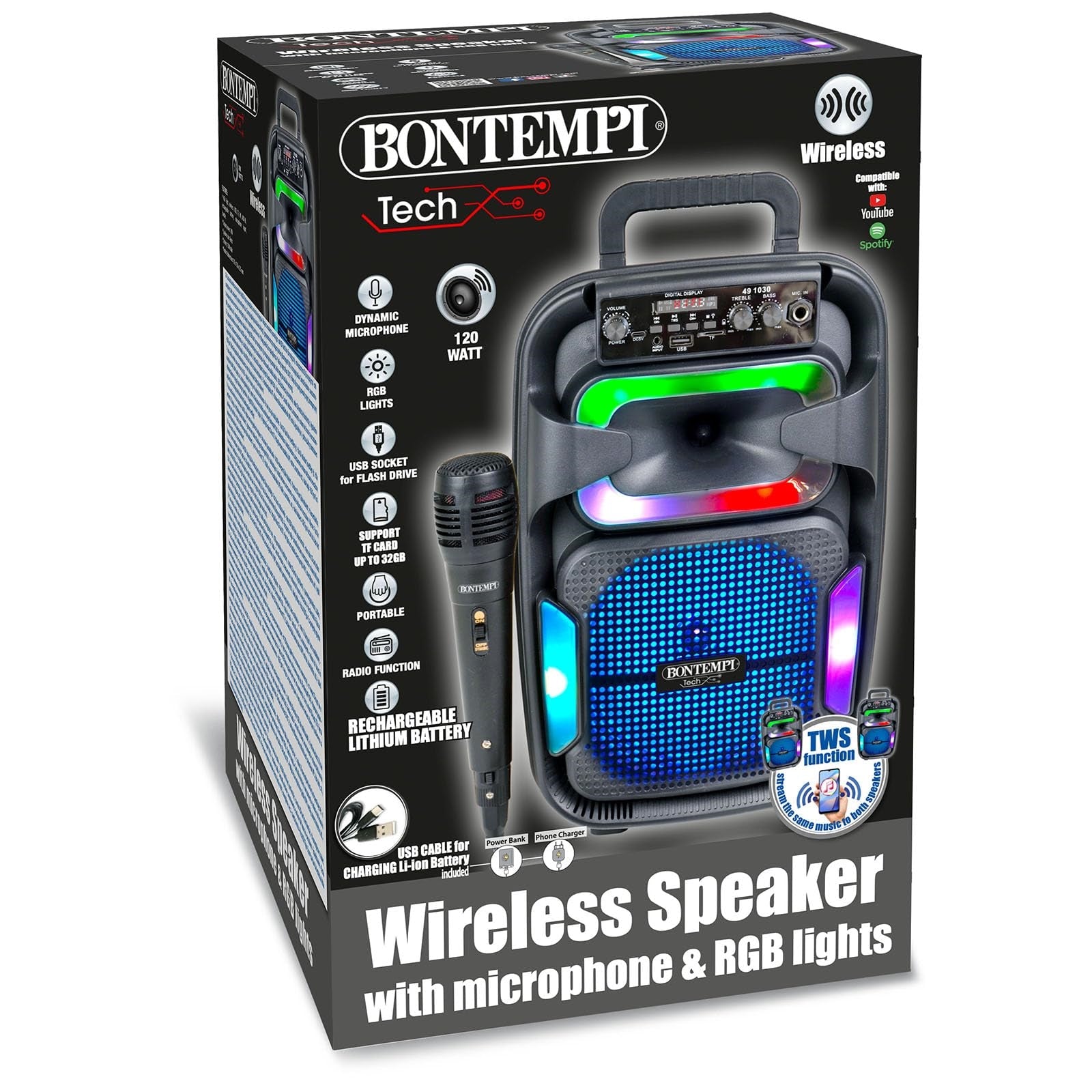 Bontempi 49 1030: Amplificatore Wireless Con Microfono Dinamico, Effetti Luminosi, Regolatore Alti E Bassi Ed Effetto Eco