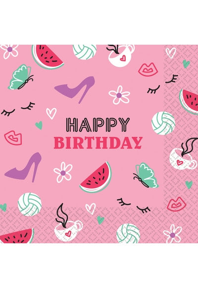 16 Napkins 'Happy Birthday' Rosa 33Cm X 33Cm