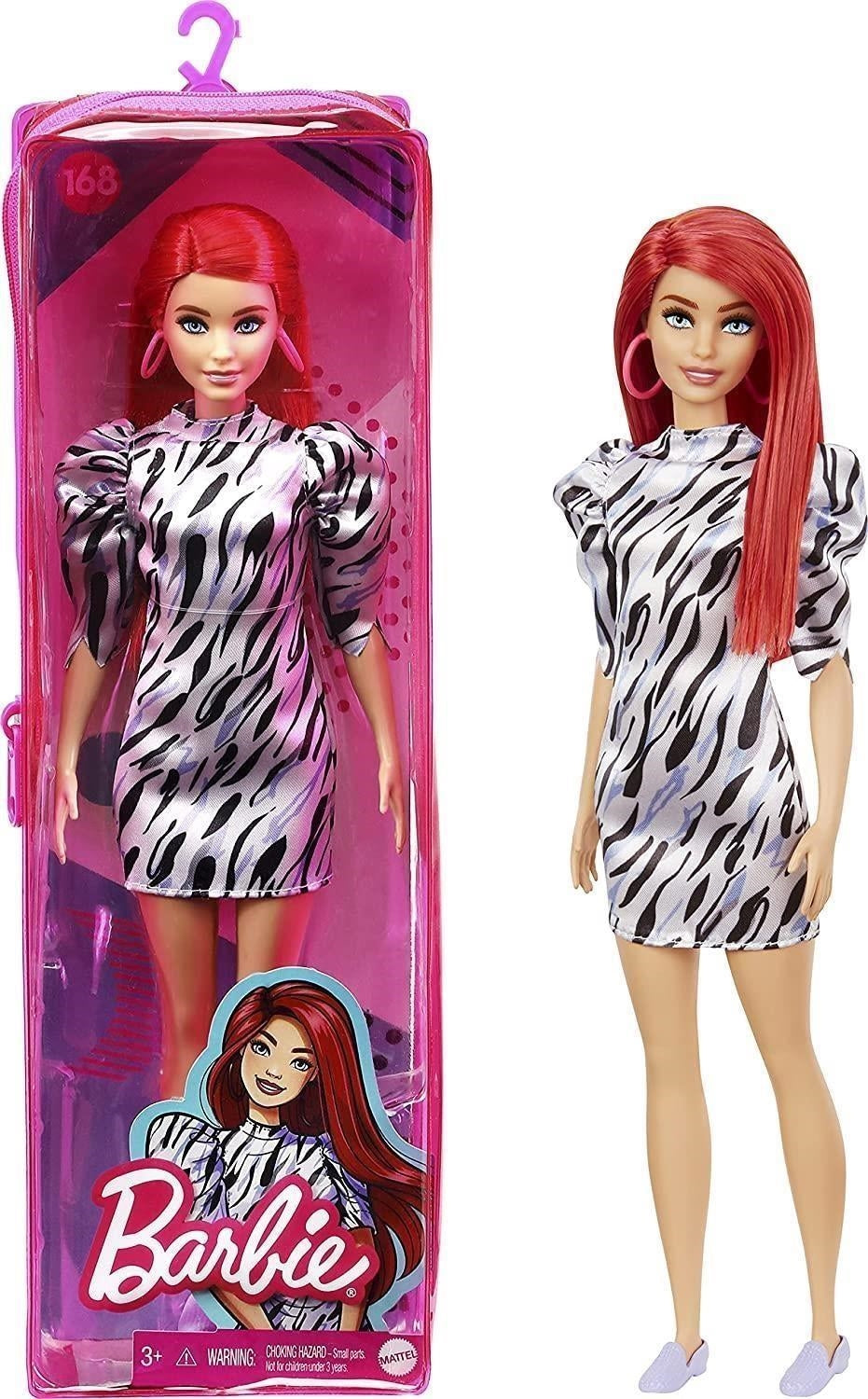 Barbie: Mattel - Fashionista Doll #168 / Bambola Con Capelli Rossi, Vestito Zebrato e Orecchini