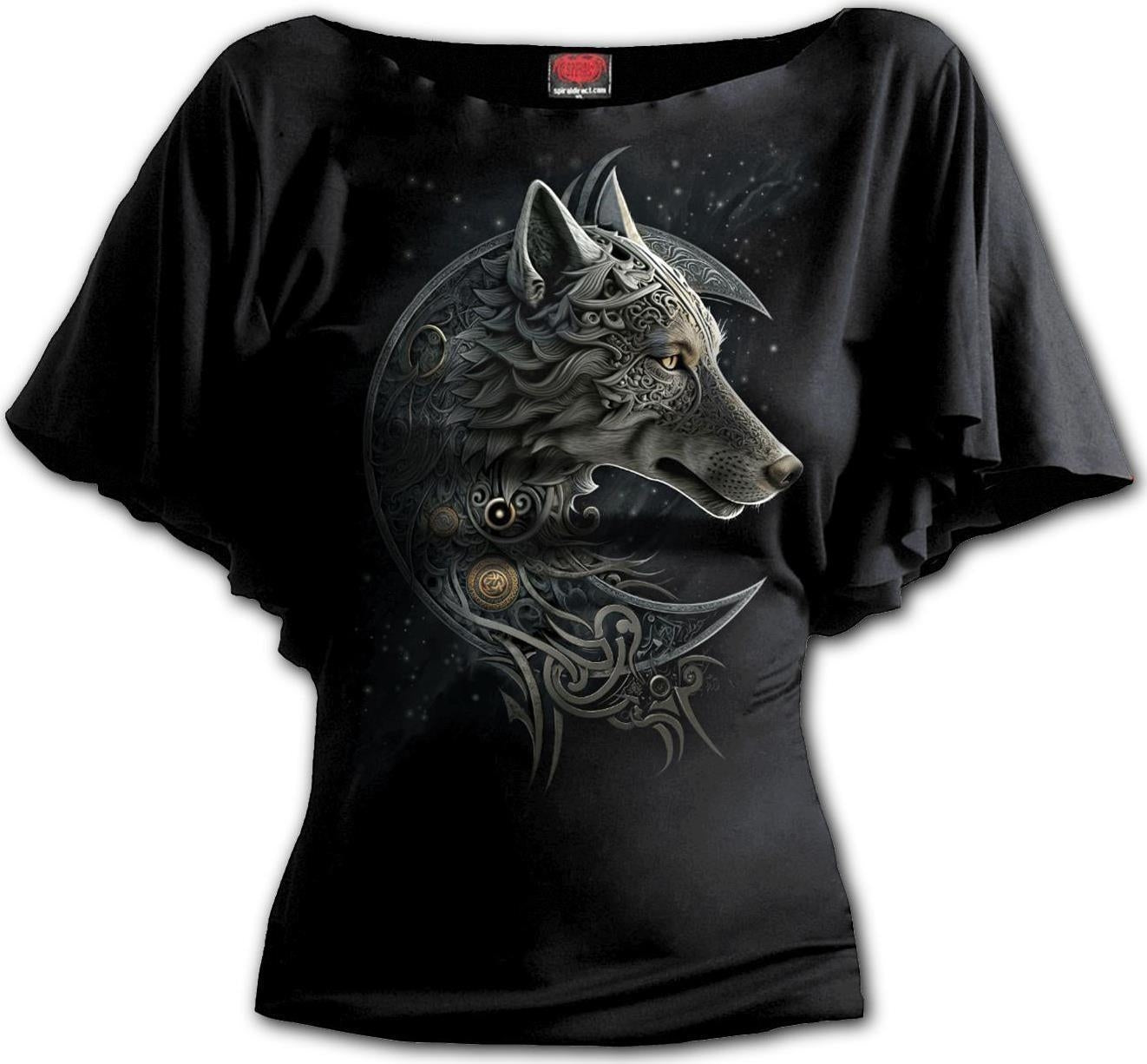 Spiral - Celtic Wolf - Boat Neck Bat Sleeve Top Black (Plain)
