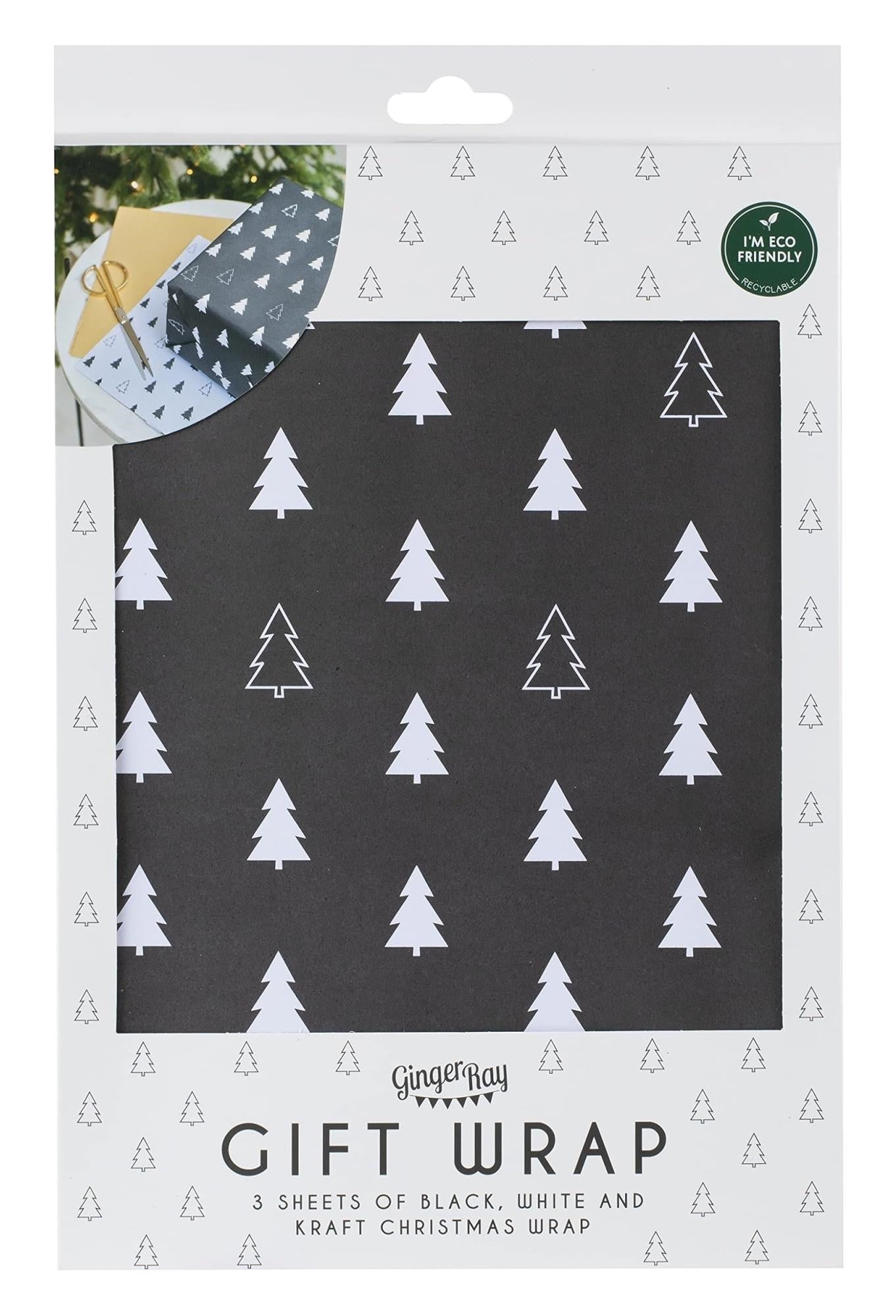 Wrap - Merry Christmas Tree Print - Black, Whit N