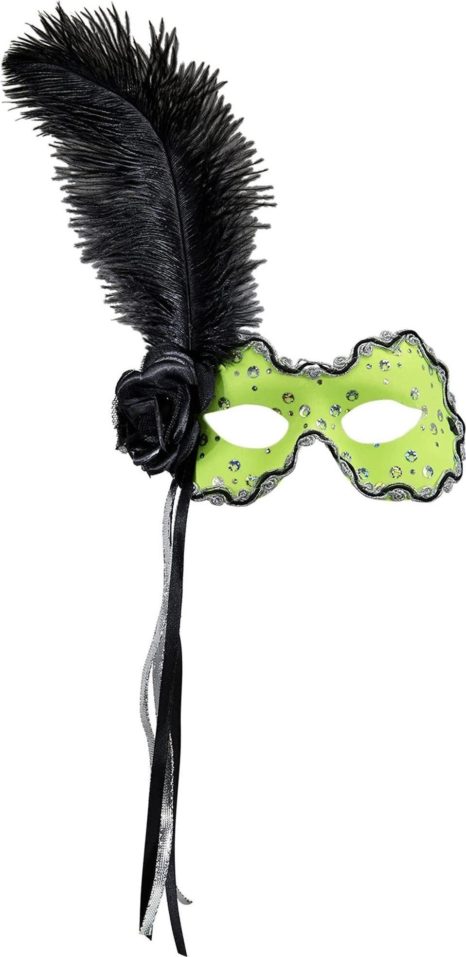 Widmann: Maschera Brazil Verde Fluorescente Con Paillettes Olografiche, Rosa,Nastri E Piuma