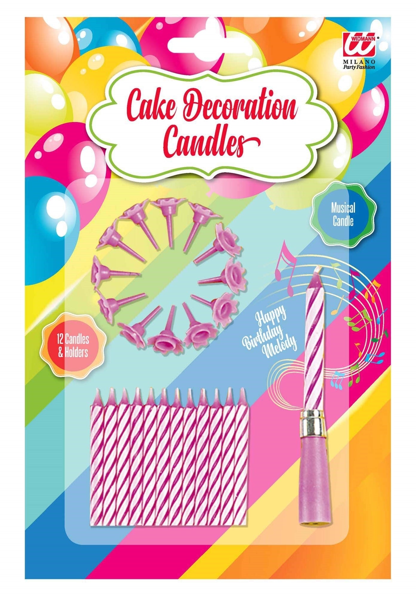 Widmann: Set Da 12 Candeline Con Supporti + 1 Candelina Musicale Rosa (2 Batterie Lr41 Incluse)