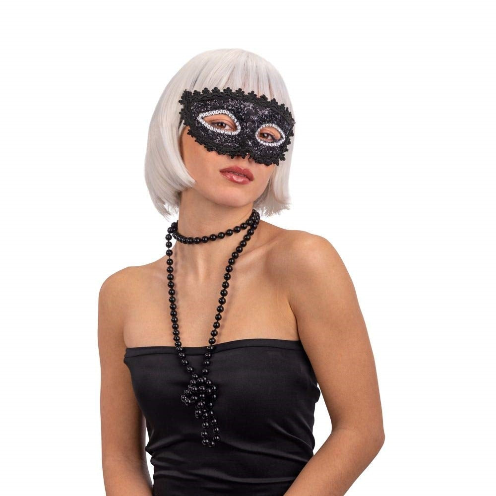 Carnival Toys: Maschera Nera In Plastica Con Pizzo E Strass Su Cartoncino