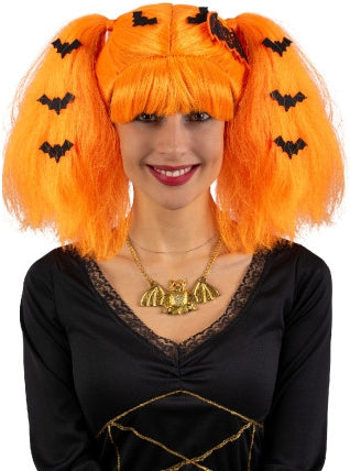 Carnival Toys: Parrucca Halloween Arancione Con Codini E Pipistrelli In Busta