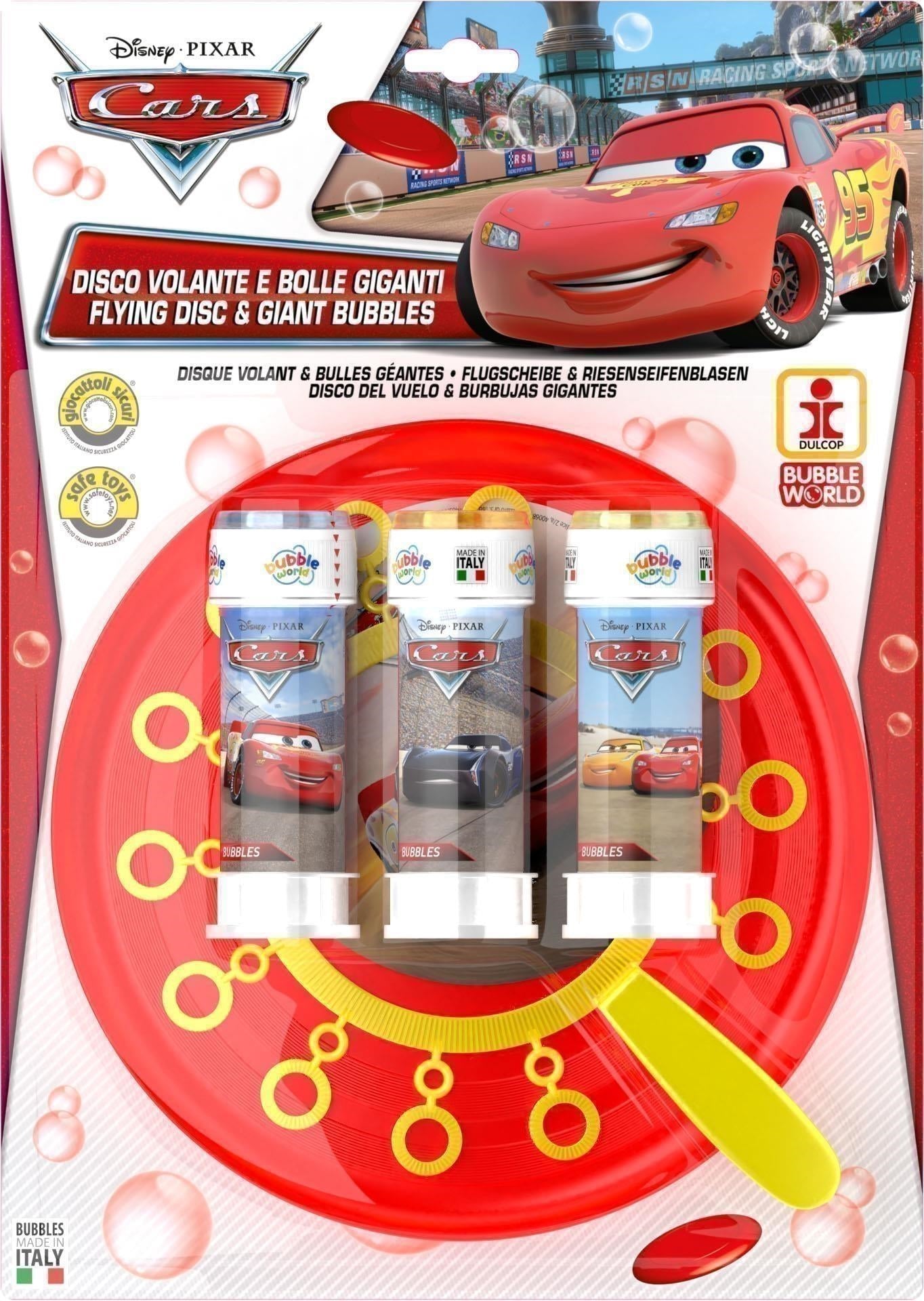 Dulcop Bolle Di Sapone - Disco Volante Bolle Giganti - Cars - Piatto + Soffiatore Multiplo + 3 Flaconi 60 Ml