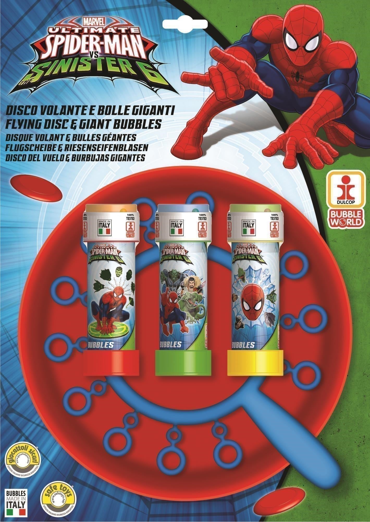 Marvel: Dulcop Bolle Di Sapone - Disco Volante Bolle Giganti - Spider-Man - Piatto + Soffiatore Multiplo + 3 Flaconi 60 Ml
