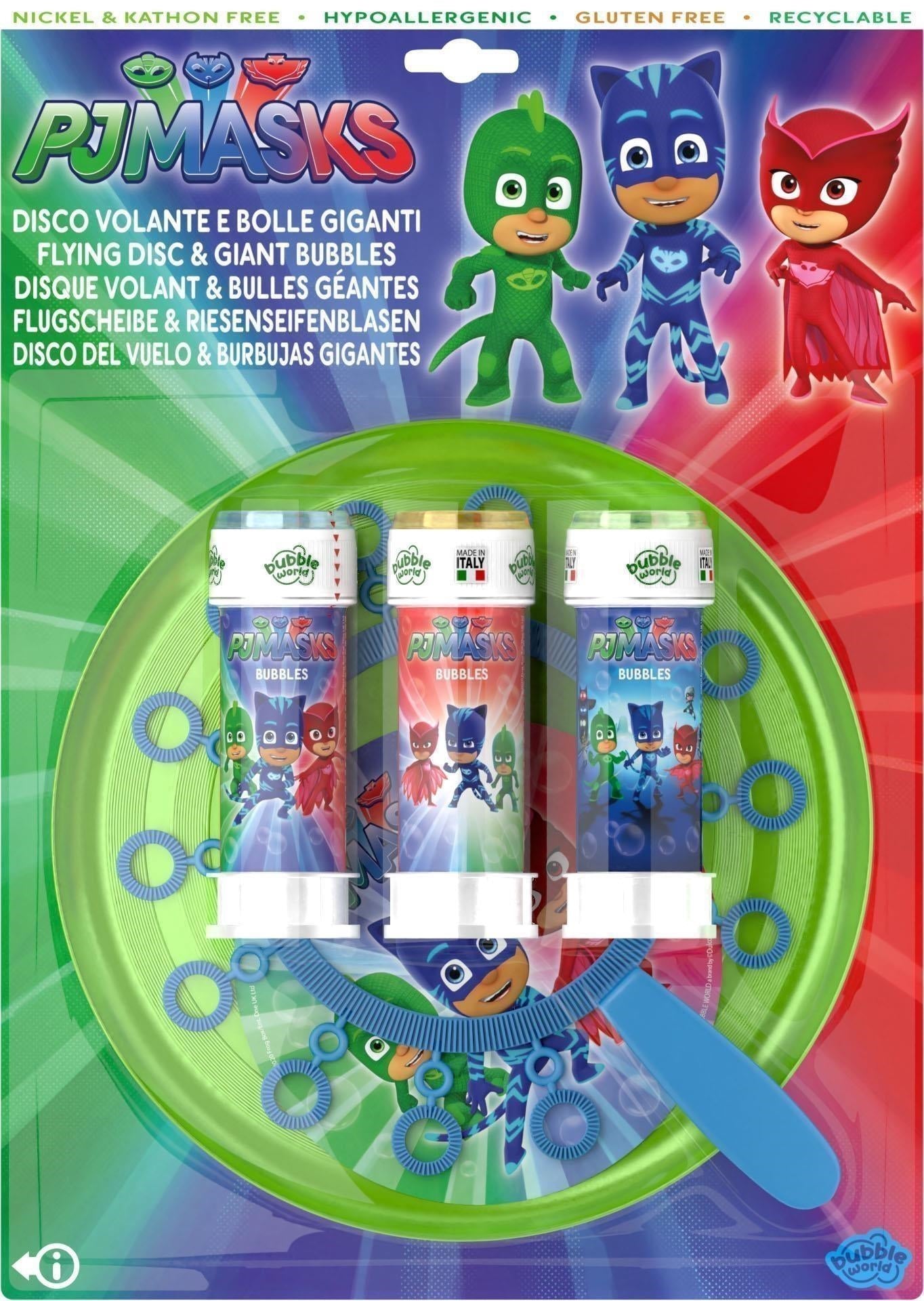 Dulcop Bolle Di Sapone - Pj Masks - Disco Volante Bolle Giganti - Piatto + Soffiatore Multiplo + 3 Flaconi 60 Ml