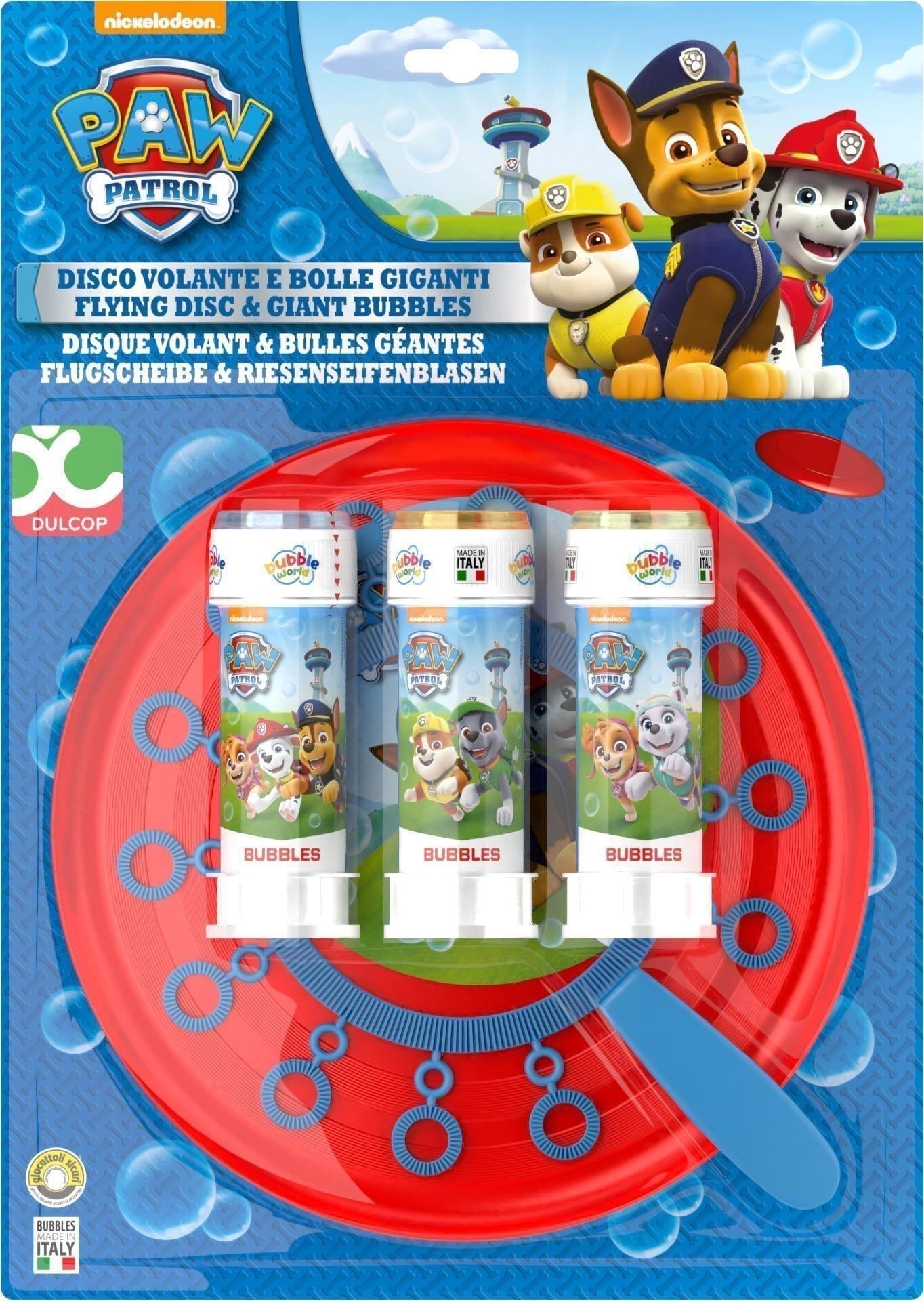 Dulcop Bolle Di Sapone - Paw Patrol - Disco Volante Bolle Giganti - Piatto + Soffiatore Multiplo + 3 Flaconi 60 Ml