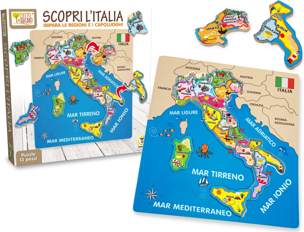 Teorema: Scopri L'Italia Puzzle Legno Con 13 Pz Staccabili 30x30x1 Cm
