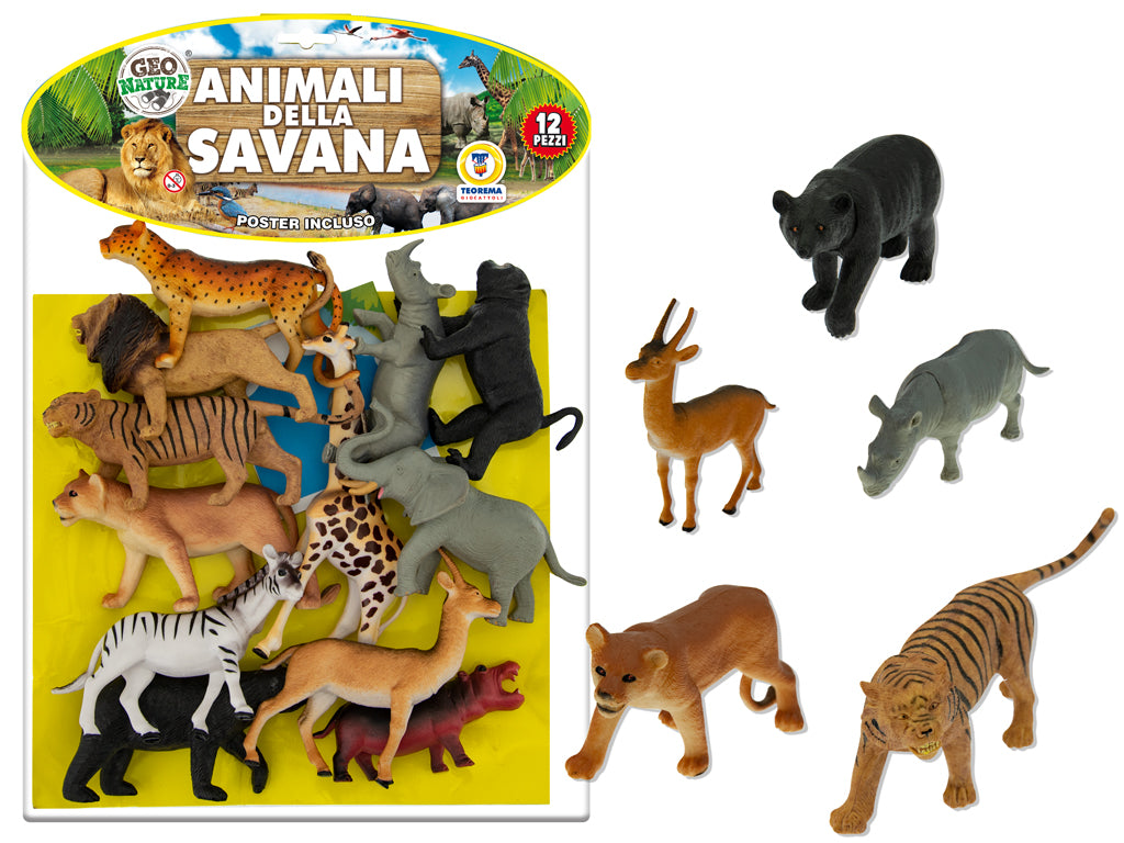 Teorema: Geo Nature - Animali Savana Rigidi 12 Pz Con Poster
