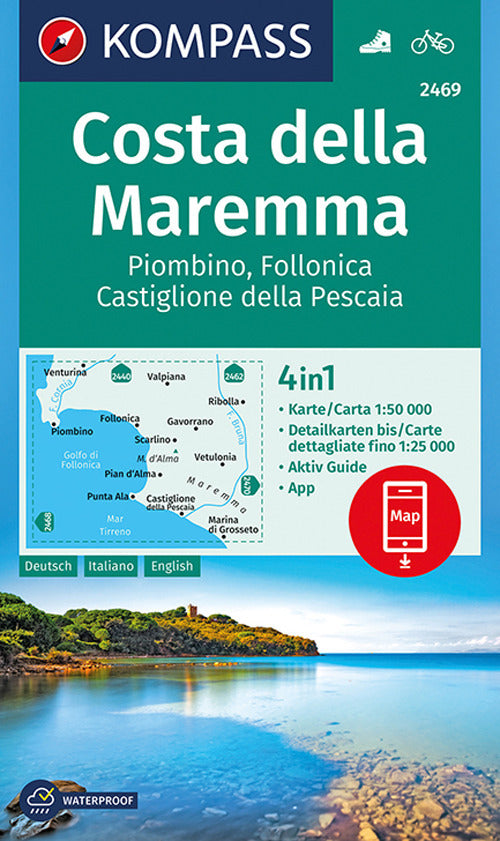 Cover of Carta escursionistica n. 2469. Costa della Maremma, Piombino, Follonica Castiglione della Pescaia 1:50.000. Ediz. italiana, tedesca e inglese