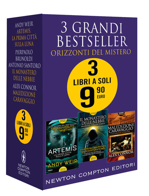 Cover of 3 grandi bestseller. Orizzonti del mistero: Artemis. La prima città sulla luna-Il monastero delle nebbie-Maledizione Caravaggio