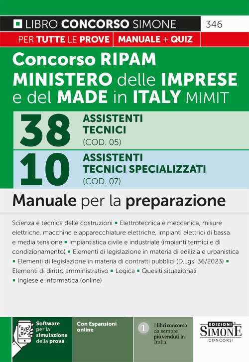 Cover of Concorso RIPAM 338 posti ministero delle imprese e del made in Italy MIMIT. 38 assistenti tecnici (COD. 05). 10 Assistenti tecnici specializzati (COD. 07). Manuale per la preparazione