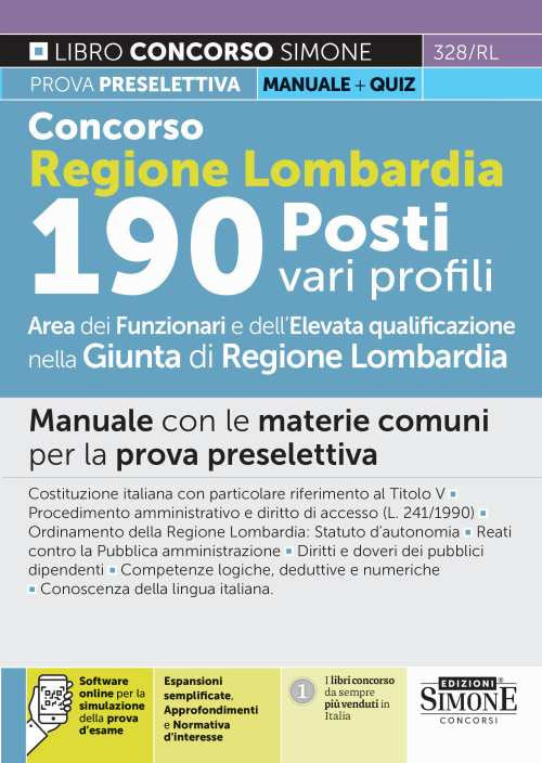 Cover of Concorso Regione Lombardia 190 posti vari profili. Area funzionari e dell'elevata qualificazione nella Giunta di Regione Lombardia. Manuale con le materie comuni per la prova preselettiva