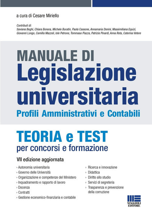 Cover of Manuale di legislazione universitaria. Profili amministrativi e contabili. Teoria e test per concorsi e formazione