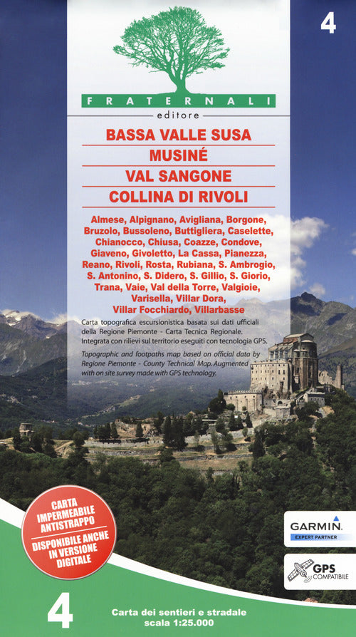 Cover of Carta n. 4. Bassa Valle Susa, Musiné, Val Sangone, Collina di Rivoli. Carta dei sentieri e stradale 1:25.000. Adatto a GPS