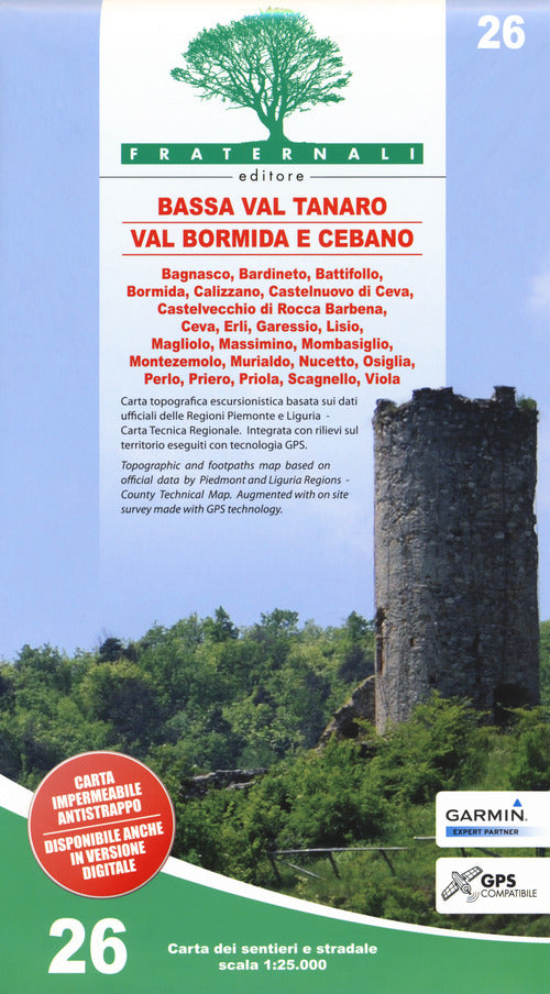 Cover of Carta n. 26. Bassa Val Tanaro, Val Bormida e Cebano. Carta dei sentieri e stradale 1:25.000. Adatto a GPS