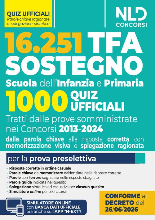 TFA sostegno 2026. 1000 quiz ufficiali per la Scuola dell'Infanzia e Primaria per la prova preselettiva