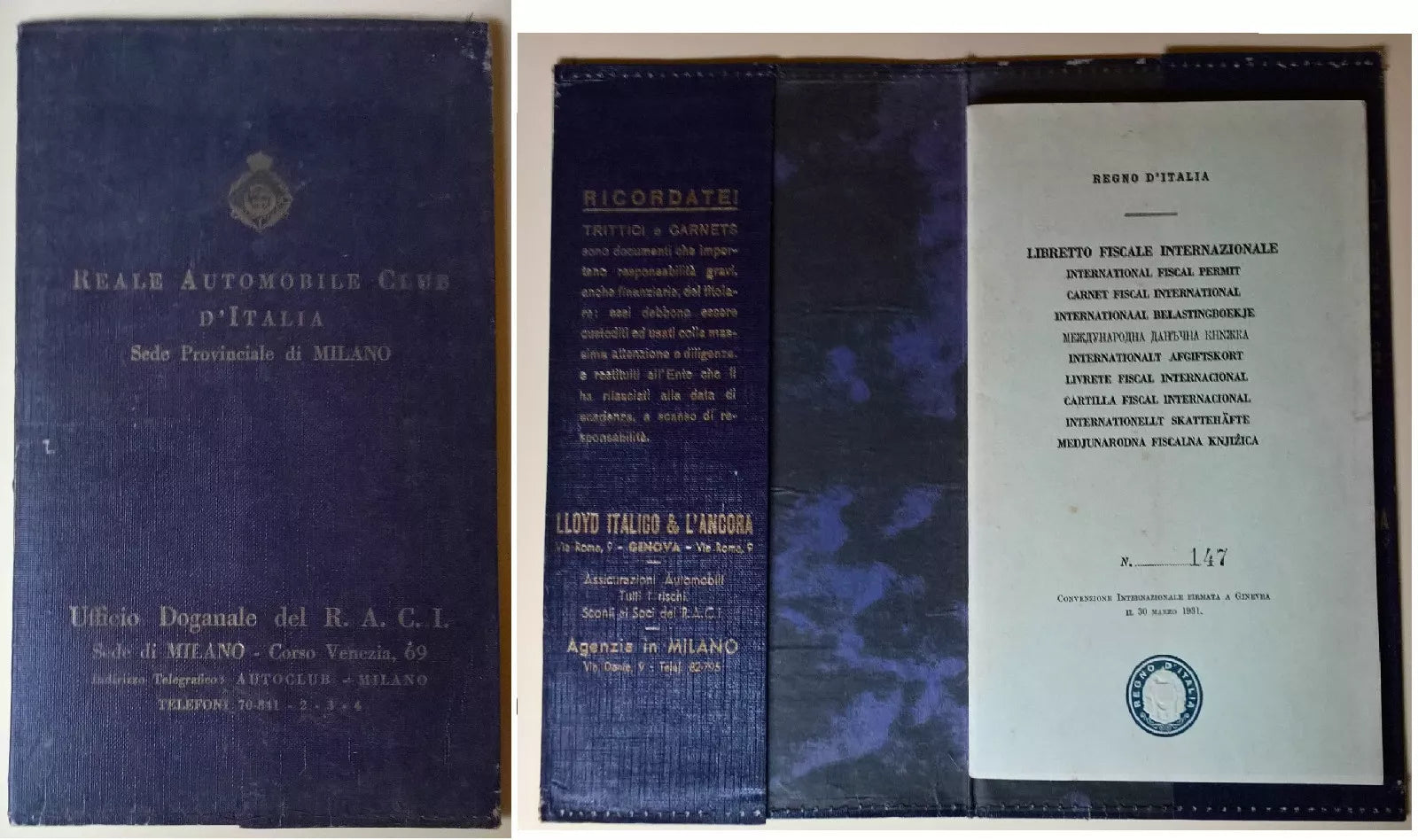 Libretto fiscale internazionale - Regno D’Italia. - R. A. Club d’Italia - L
