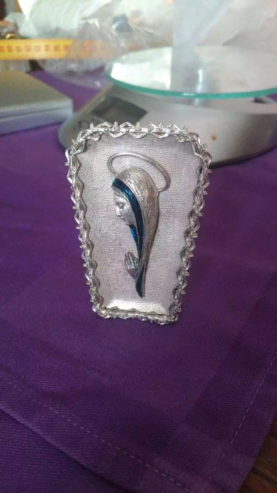Portaritratto con Madonna stilizzata sopra vintage, anni 50, argento 925