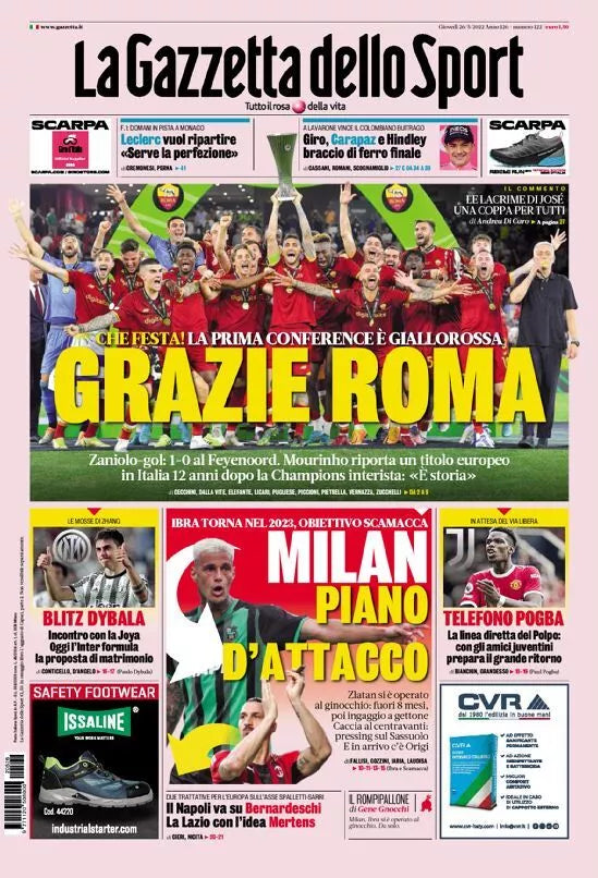La Gazzetta dello Sport 26 05 2022 Grazie Roma Campione Conference League di Aa