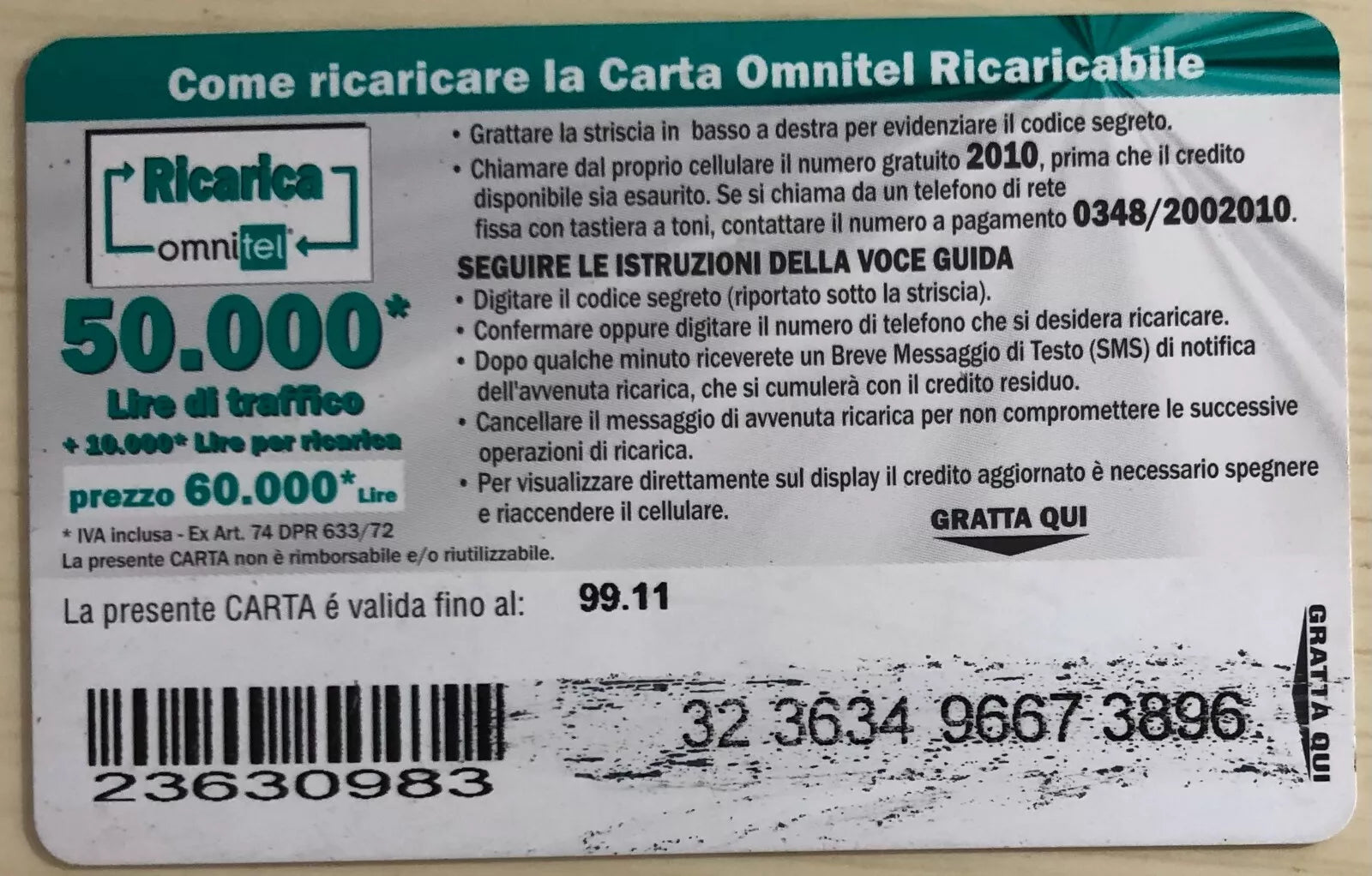 Scheda telefonica usata Omnitel di Aa.vv., 1999, Omnitel