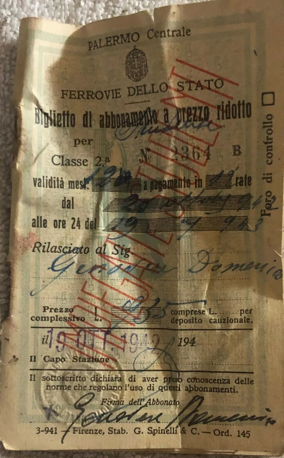 Biglietto di abbonamento a prezzo ridotto - Palermo centrale di Ferrovie Dello S