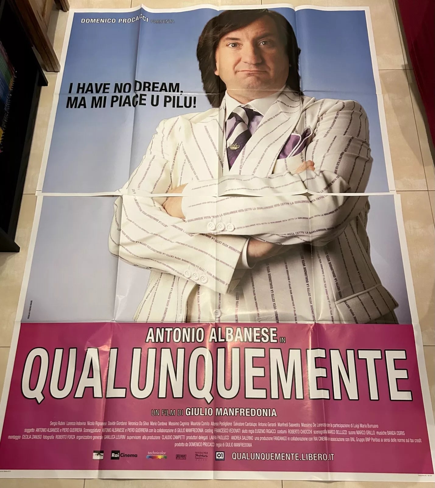 Poster locandina Qualunquemente 140x200 in due pezzi ORIGINALE da cinema di Giul