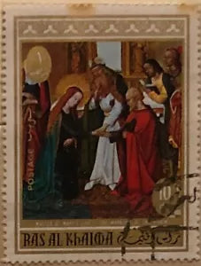 Francobollo Stamp 10 Dh Master of Mary s life The marriage of the Virgin Ras Al